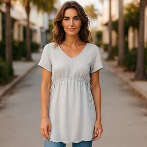 LOOK By M NEW YORK Ladies Long Silver Gray Drawstring Blouse Dress ~ One Size